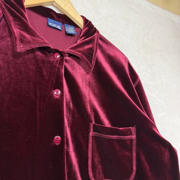 Vintage Honors L Burgundy Velvet‎ Button Down Shirt Y2K Soft Vamp Retro Lounge - Picture 2 of 8